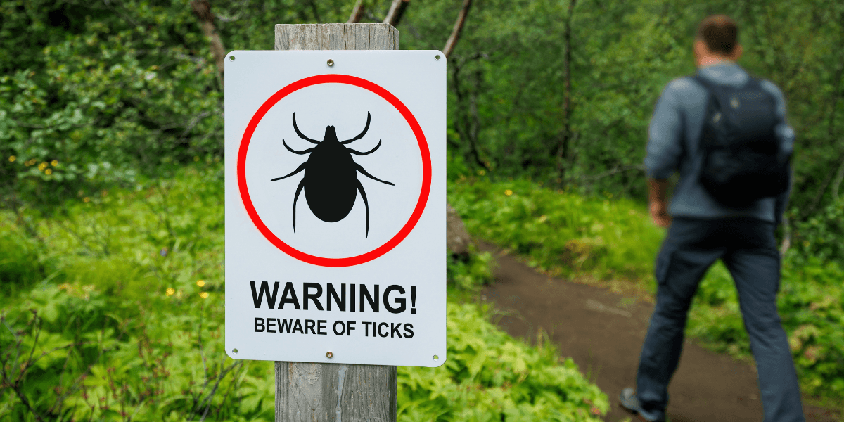Hidden Signs of a Pest Infestation Most Homeowners Miss Until It's Too Late 1 A man walks past a warning sign that reads "Beware of Ticks," indicating potential tick hazards in the area.